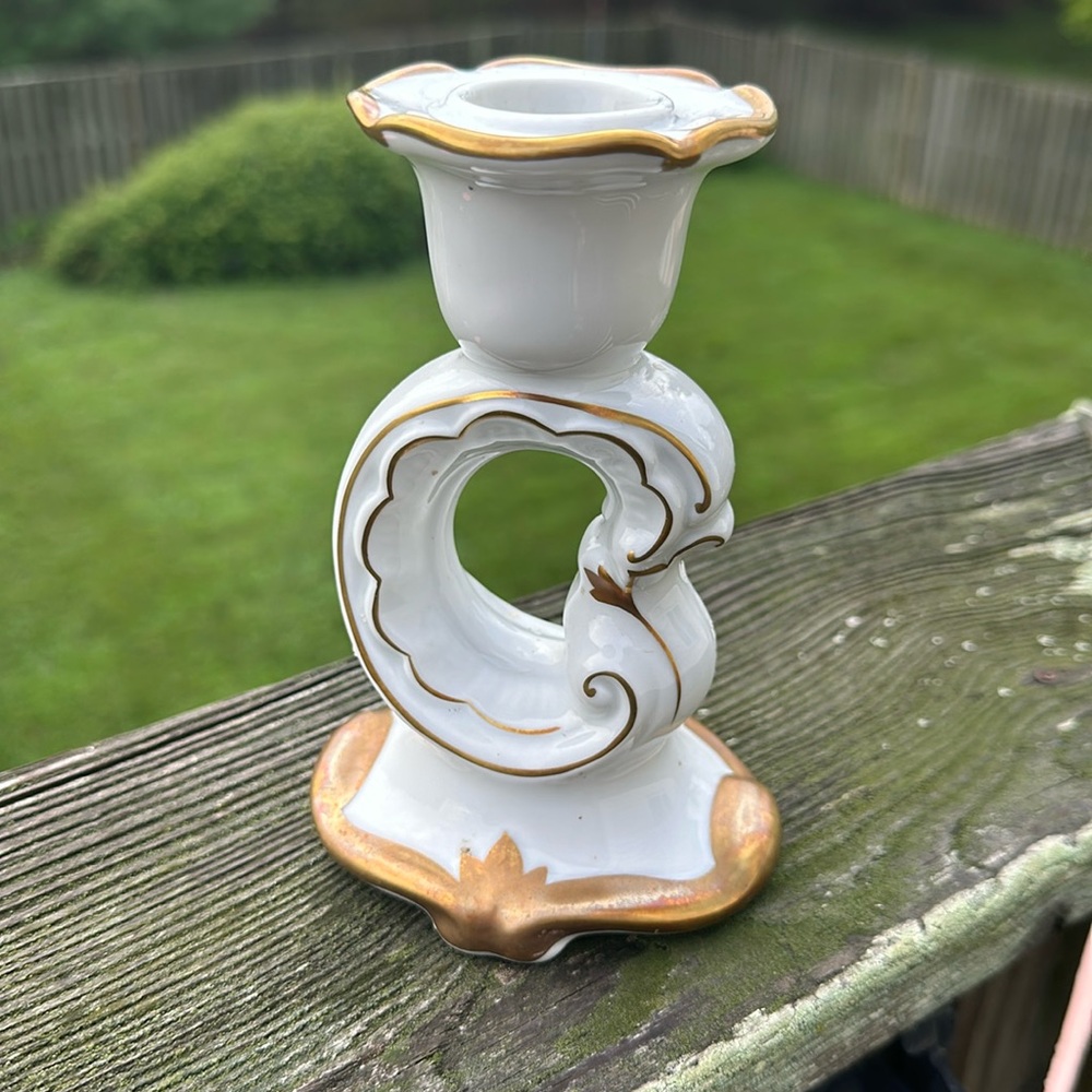 Weimar Candle Holder Porcelain Floral Gold Trim Germany Vintage